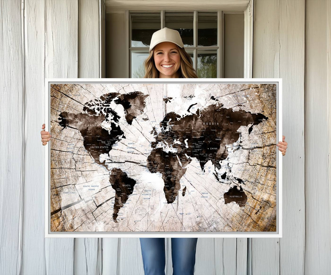 A Vintage World Map on Wood Style Canvas hangs prominently.