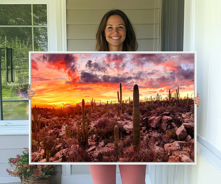 A vibrant desert sunset with cacti, perfect Western Cowboy Wall Art Print.