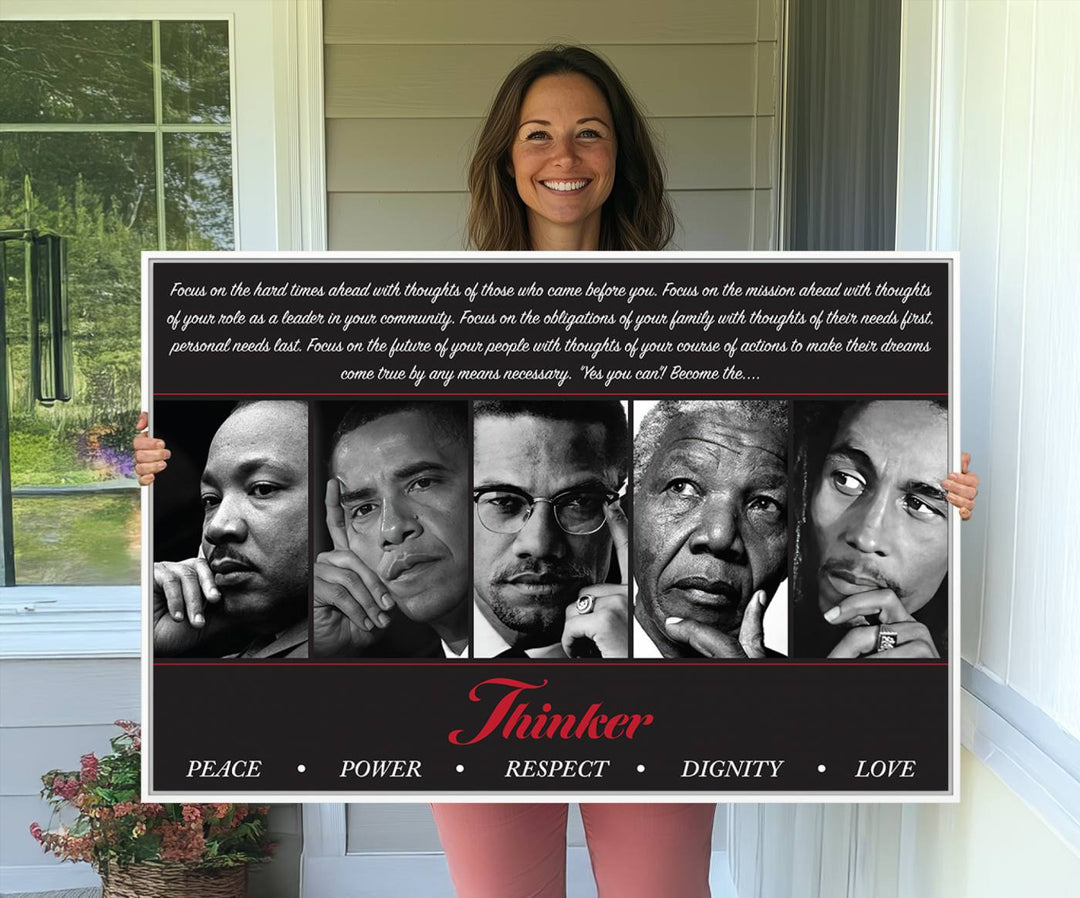 The Thinker Quintet Canvas Wall Art features portraits of Martin, Obama, Malcolm X, Mandela, and Marley, each representing virtues such as Peace and Power.