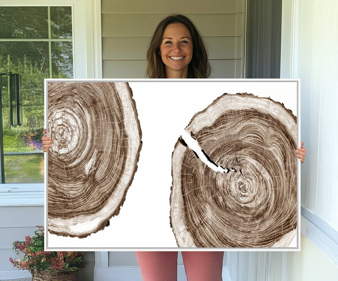 Wood Tree Ring Wall Art on a minimalist black and white canvas.