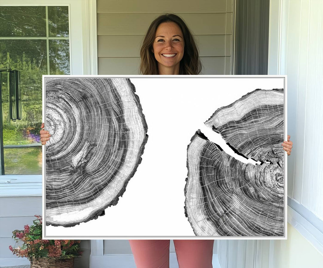 The minimalist art piece Abstract Large Tree Rings on canvas creates a striking focal point.