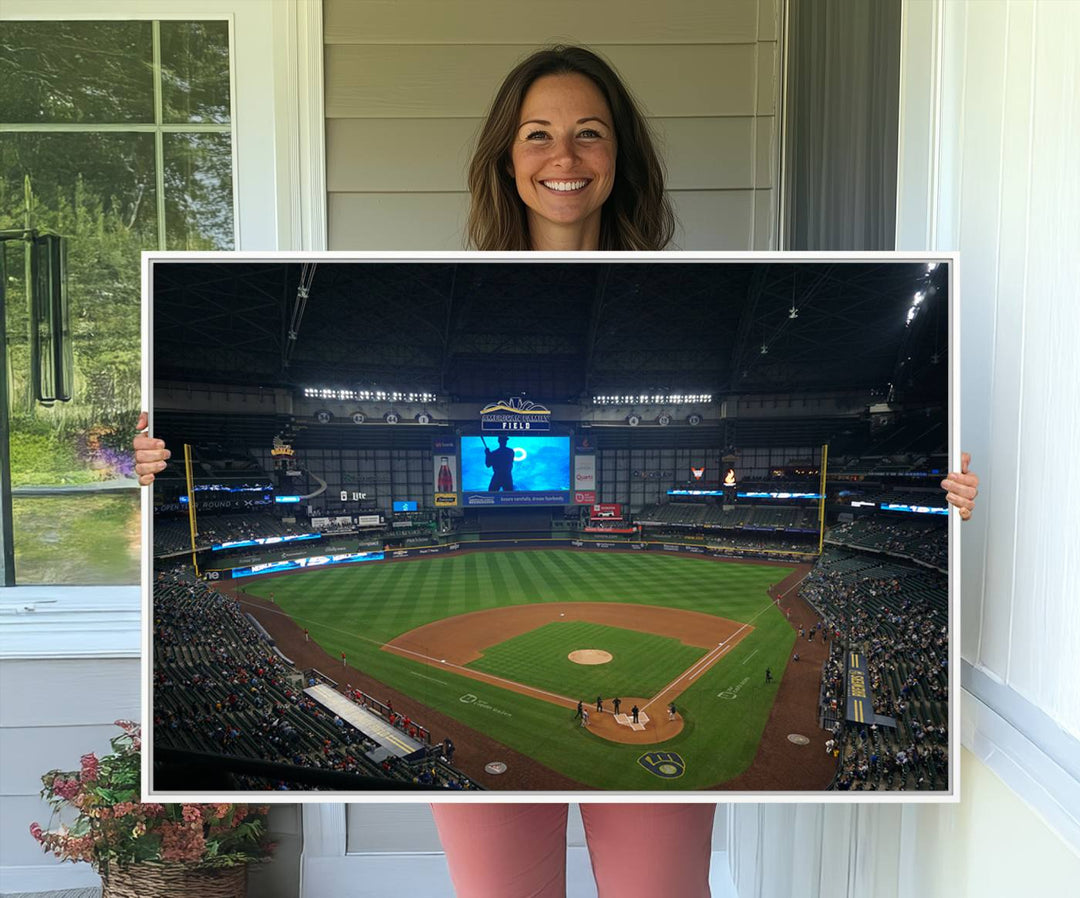 The Milwaukee Brewers stadium print on a green field stands out beautifully.