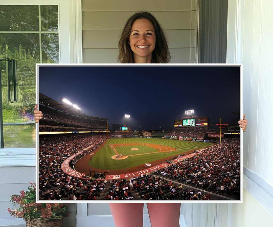 Aerial view of an LA Angels game at night, captured as stunning wall art on premium canvas, handmade in the USA.