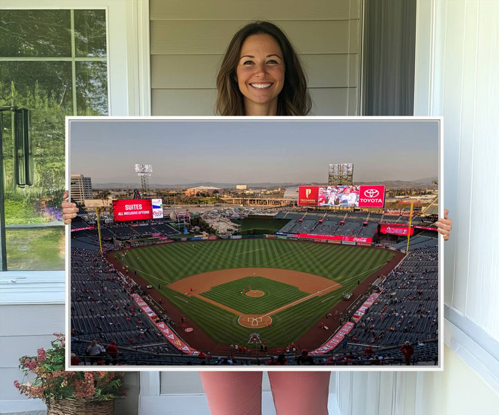 Aerial view of Angel Stadium, perfect as gallery-quality wall art - Los Angeles Angels Canvas Print.