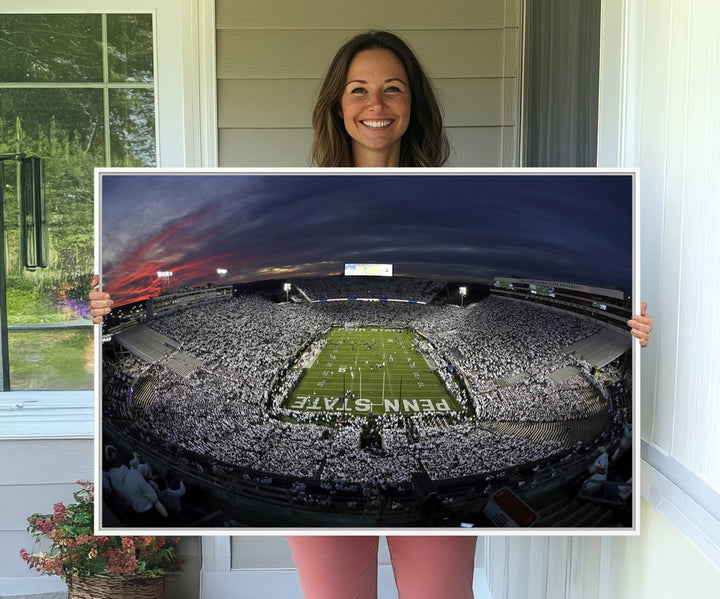 Canvas art capturing the packed Beaver Stadium at dusk, with Penn State emblazoned on the field and a sea of white-clad fans—true perfection.