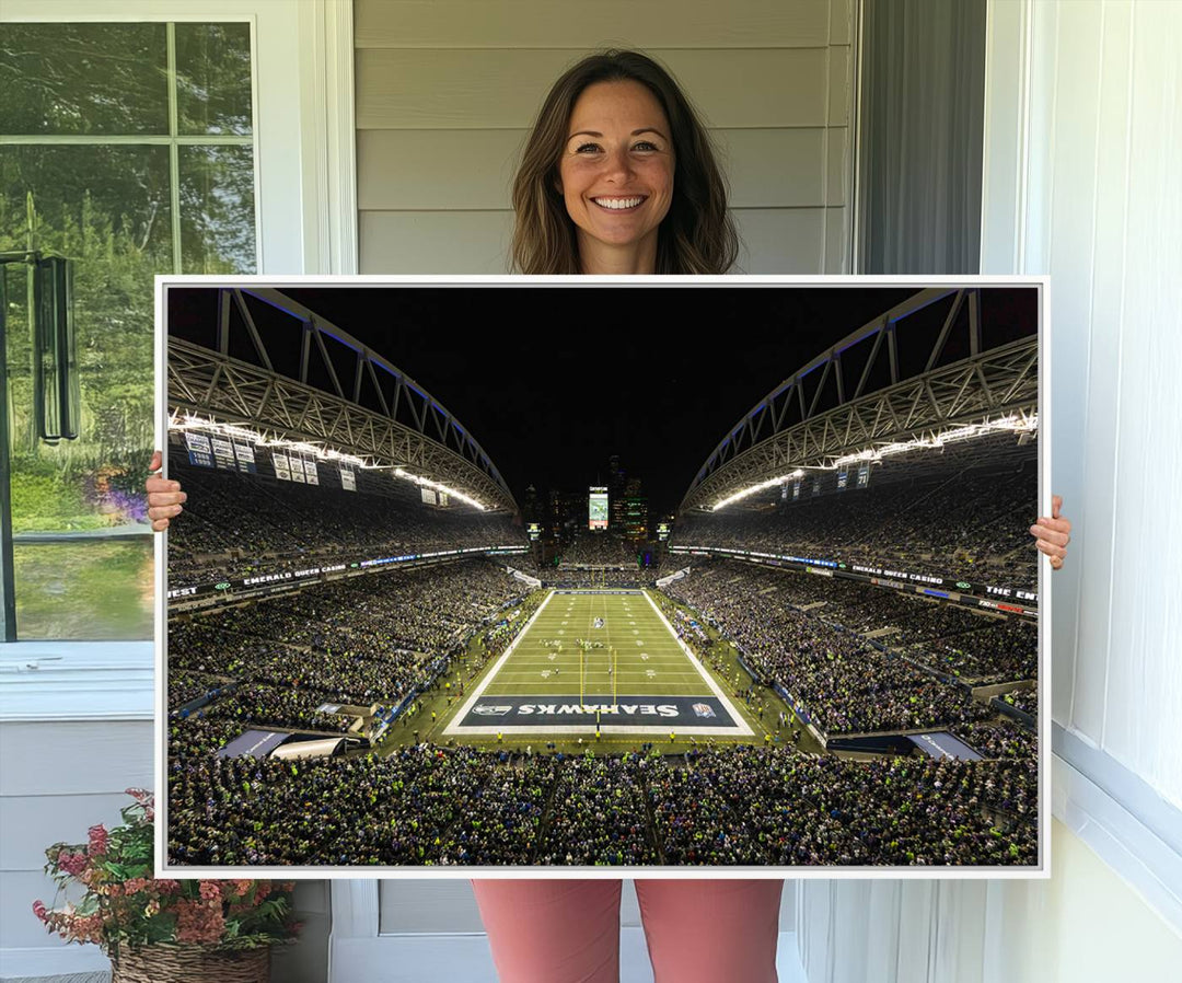 Handmade Seattle Seahawks Stadium Canvas Wall Art Print featuring an aerial view of Night football at CenturyLink Field marked Seahawks.