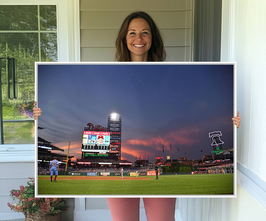 Philadelphia Phillies at sunset: Citizens Bank Park captured in a charming canvas wall art print.