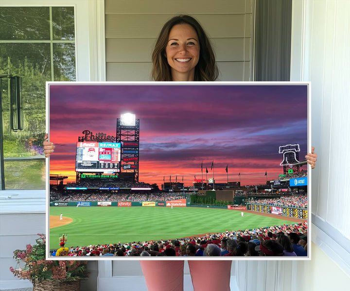 The Philadelphia Phillies canvas print showcases Citizens Bank Park at sunset with a crowd and scoreboard.