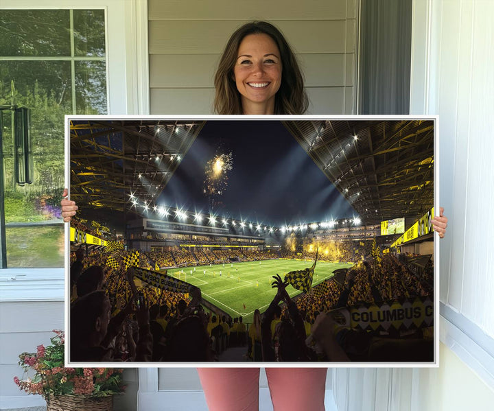 The wall art canvas print captures a packed soccer stadium scene with fans and fireworks.