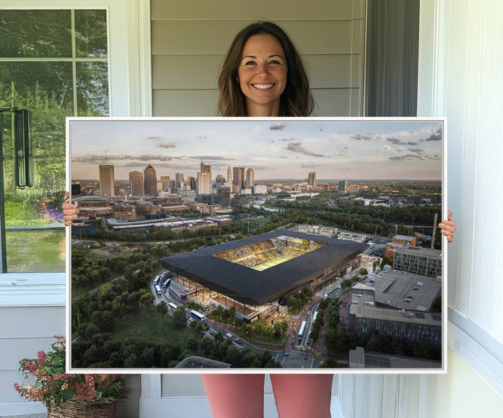 The Columbus Crew Soccer Stadium canvas art adds a vibrant touch to the room.