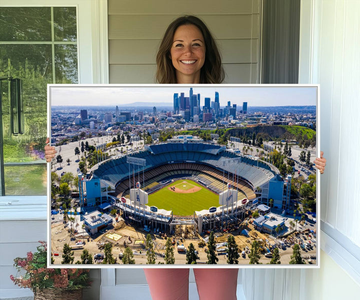 Aerial view of Dodger Stadium city skyline on a premium Los Angeles Dodgers MLB canvas print.