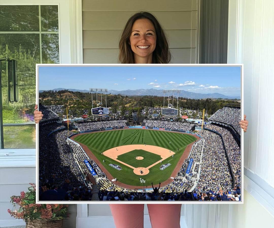 Aerial view of Dodger Stadium captured in gallery-quality on a Dodgers wall art canvas.