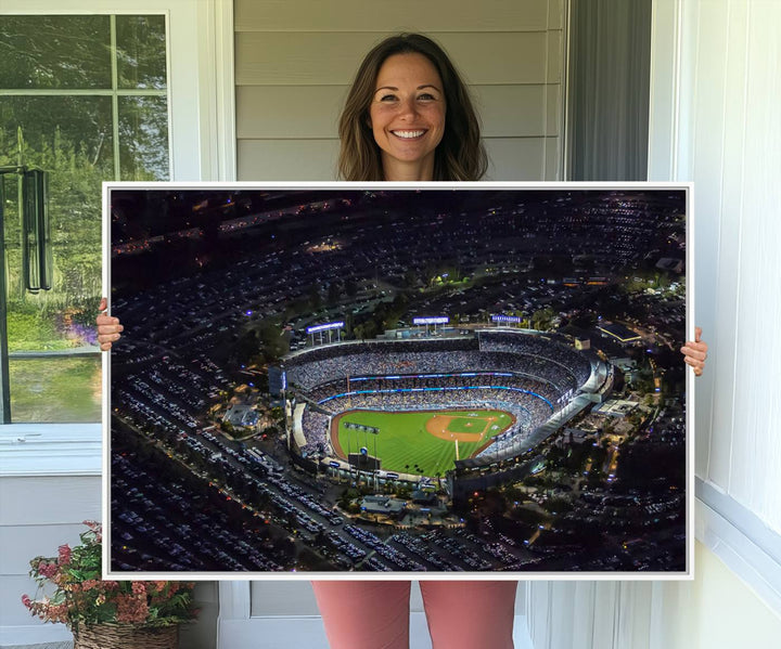 Aerial view of a lit stadium at night, featuring the Los Angeles Dodgers Dodger Stadium Wall Art.