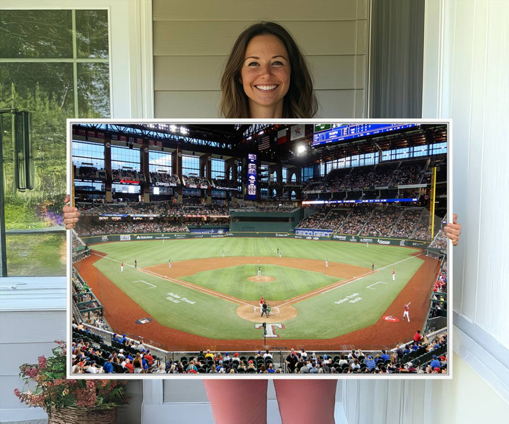 Admire the Texas Rangers Wall Art showcasing Globe Life Fields covered stadium and its lively crowd.