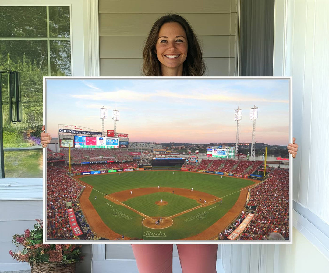 Cincinnati Reds game at sunset: Stadium wall art canvas.