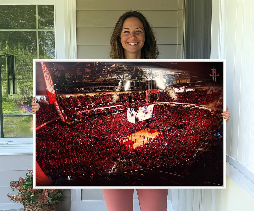 A crowded basketball arena with red lighting hosts a Houston Rockets game.