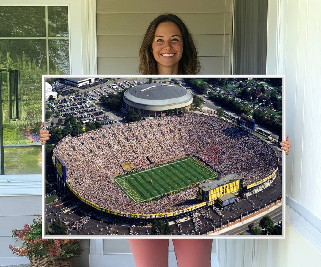 Aerial view of Michigan Wolverines college football culture on a stadium canvas wall art.