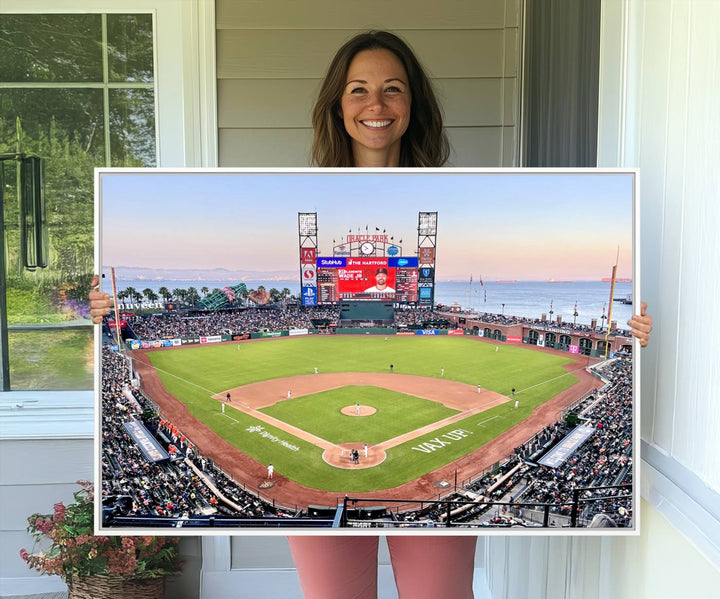 Gallery-quality canvas print of Oracle Park Stadium showcasing a waterfront view from behind home plate.