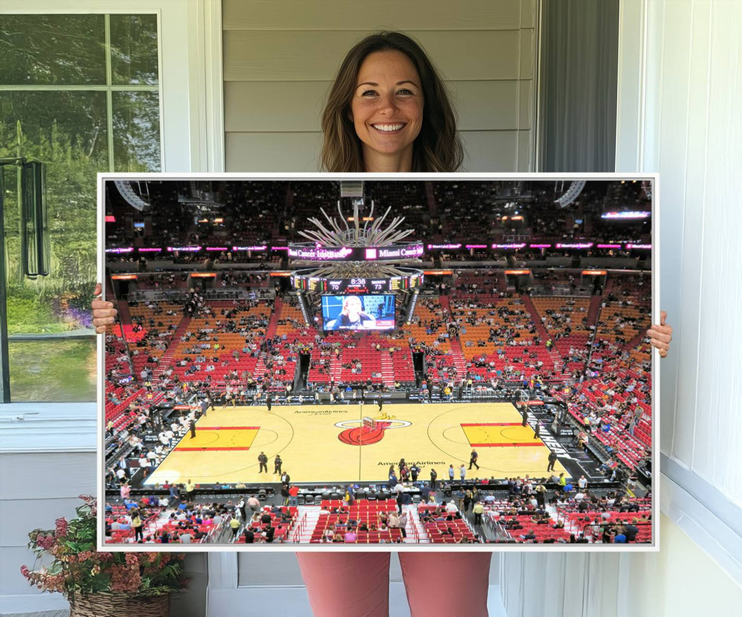 A Miami Heat Basketball Print showcases Kaseya Center Stadium Wall Art with a grand scoreboard.