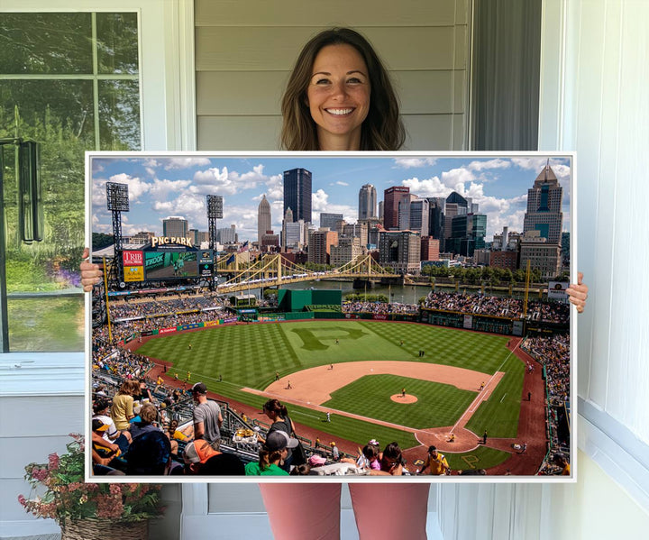 PNC Park Stadium canvas print features a lush field and city skyline, ready to hang.