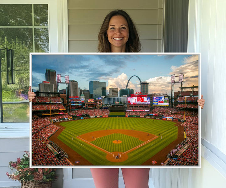 Canvas art of the St. Louis Cardinals Busch Stadium, capturing the citys skyline.