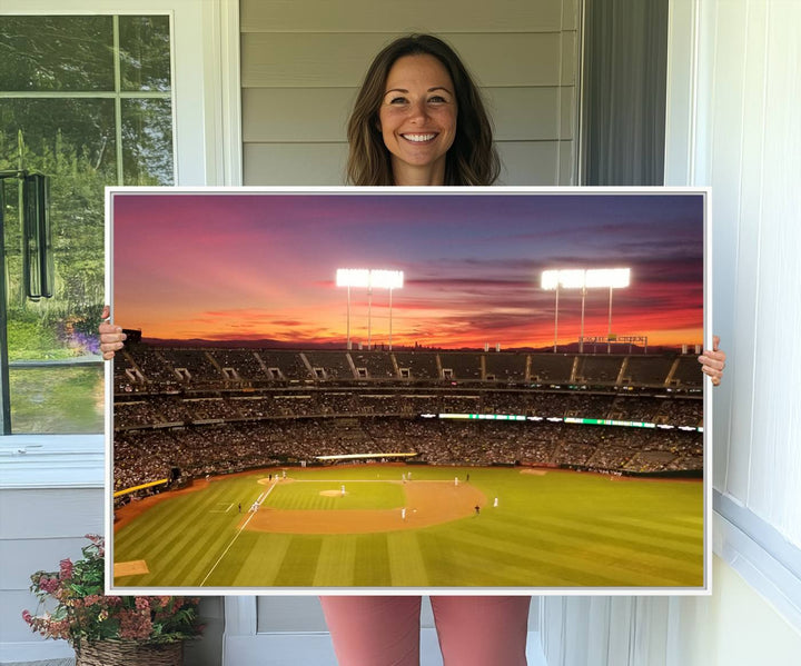 The Oakland Coliseum print is a museum-quality canvas depicting a full crowd and a sunset.