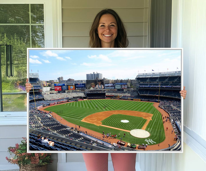 The living room features a Buffalo Bills Stadium wall art.
