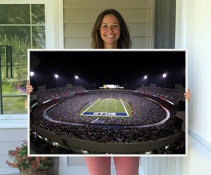 The Buffalo Bills NFL Highmark Stadium at night print captures the bright lights, conveying an exhilarating atmosphere.