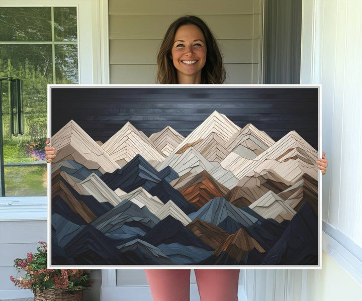 Abstract wood mountain range wall art in a 3-piece set featuring shades of blue, brown, and cream, ideal for modern rustic decor.