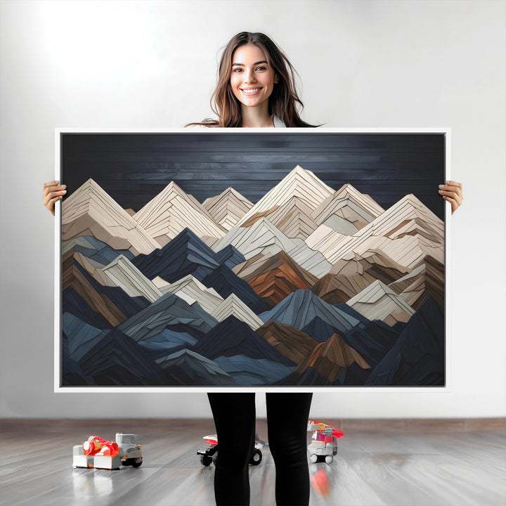 Rustic Mountain Landscape Wall Art Print - Wooden 3D Effect Mountain Canvas Print - Textured Peaks Wall Art for Cabin or Lodge Decor