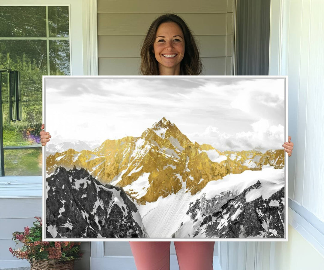 Gold Abstract Mountains Wall Art Print on Canvas.