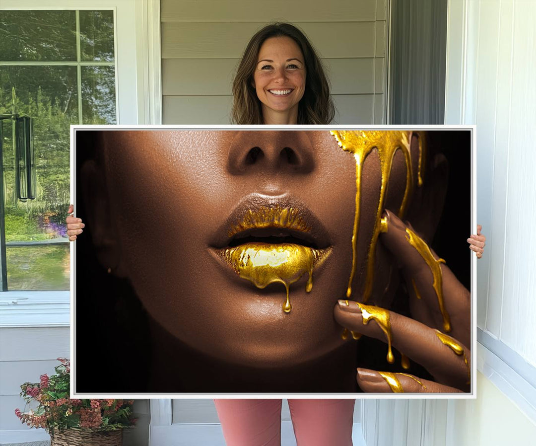 African American Art Canvas Print of a Black Woman with Gold Lips.