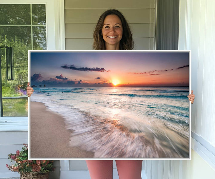 The Sunset Beach Wall Art adds tranquility to the living room.