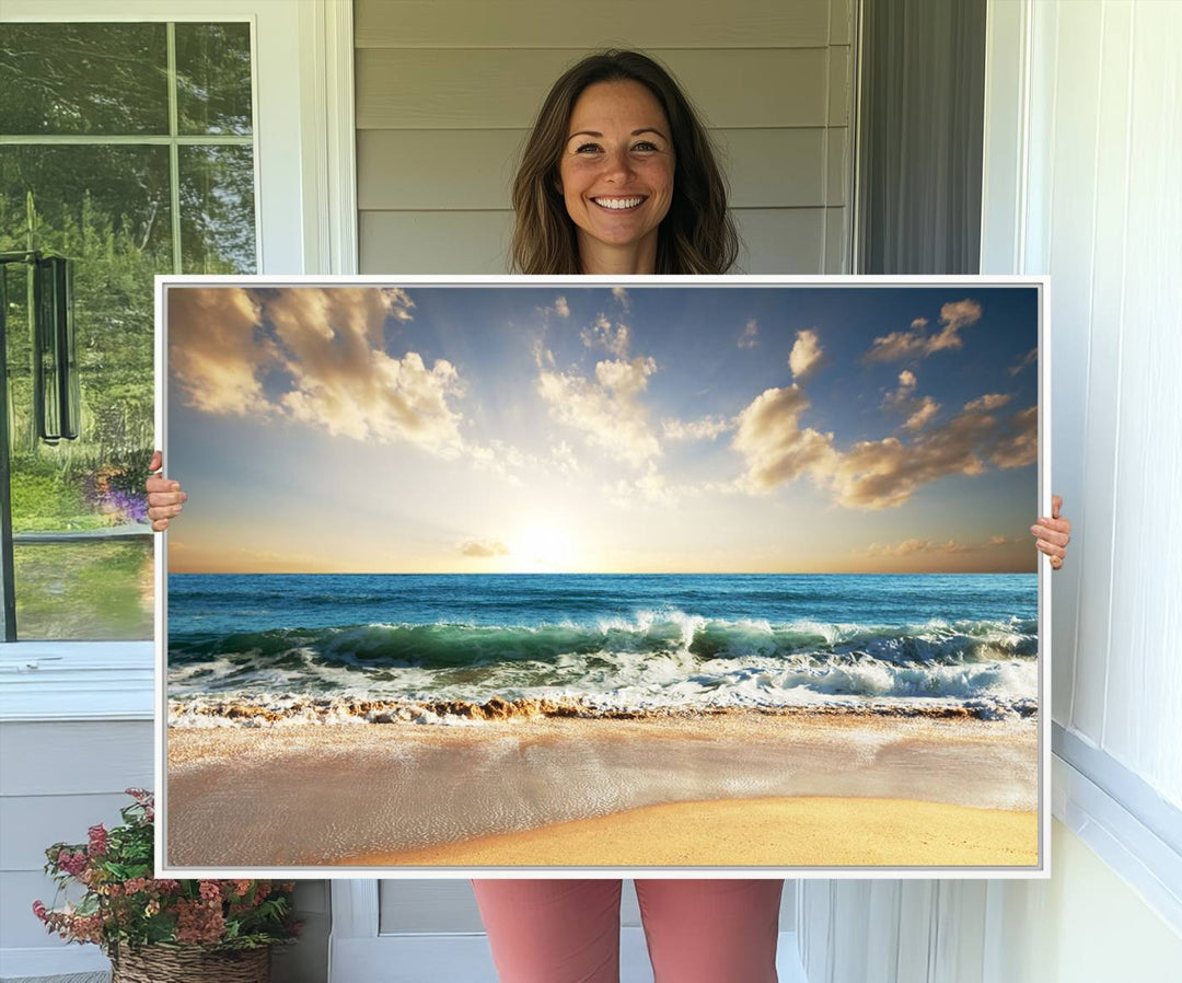 A Golden Sunset Beach triptych adorns the wall.