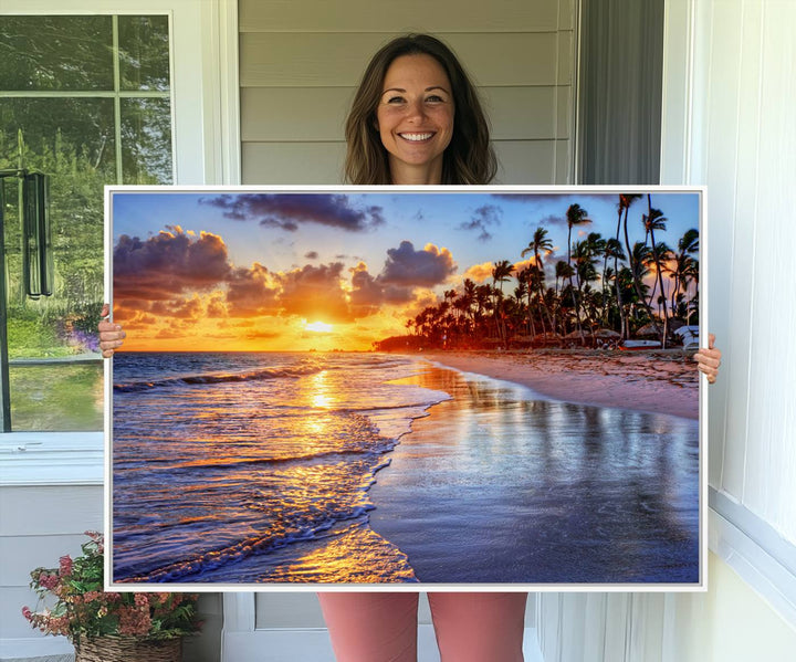 Serene Beach Sunset Wall Art Canvas featuring ocean waves hangs prominently.