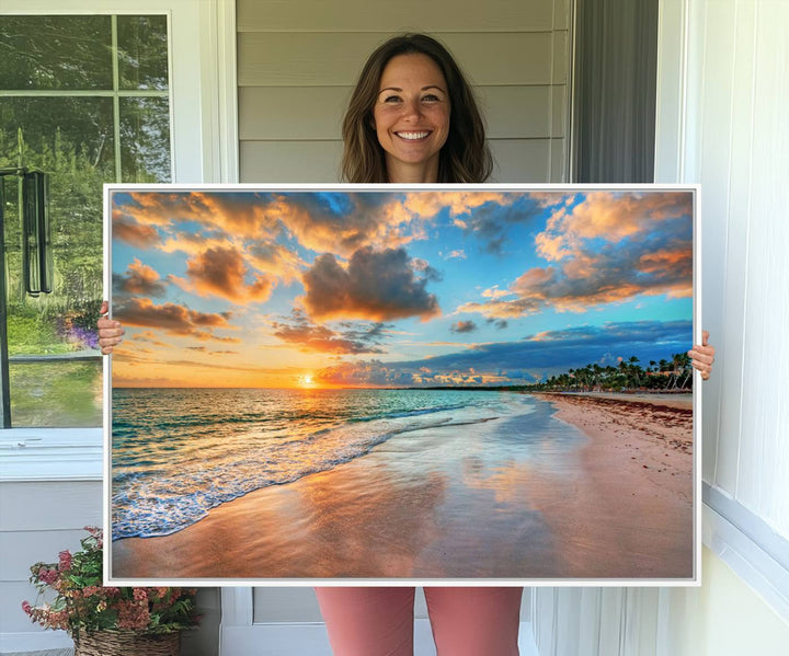 The Serene Beach Sunset Wall Art captures waves gently on the sandy shore.