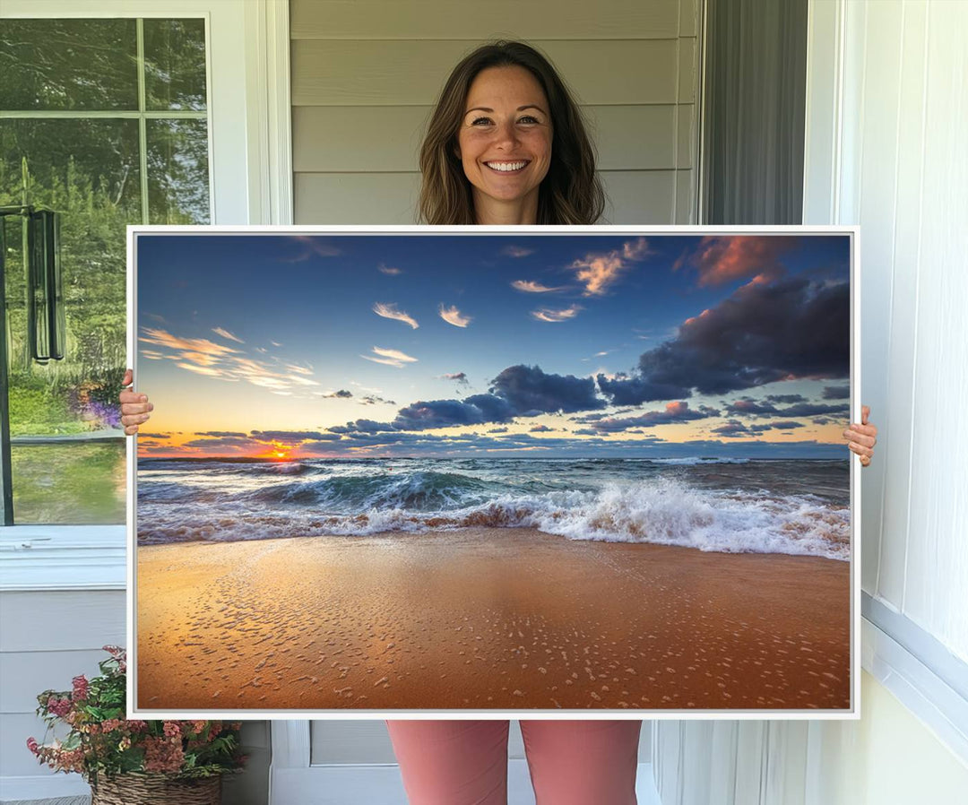 A Beach Canvas Wall Art depicting ocean waves and a tranquil sunset hangs above, capturing the serene beauty of coastal scenery.