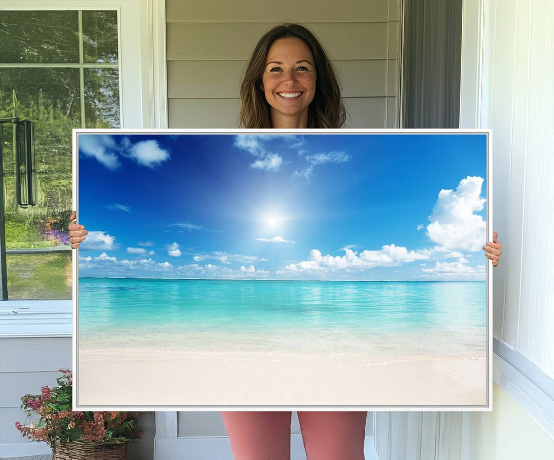 The Blue Ocean Wall Art Canvas Print hangs, creating a tranquil paradise.