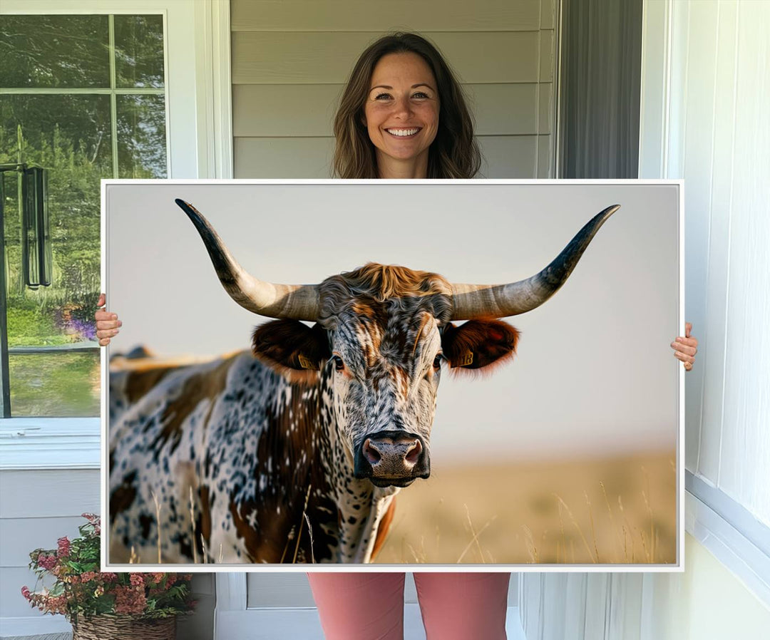 The Texas Bull Longhorn Wall Art Canvas Print is perfect for farmhouse decor.