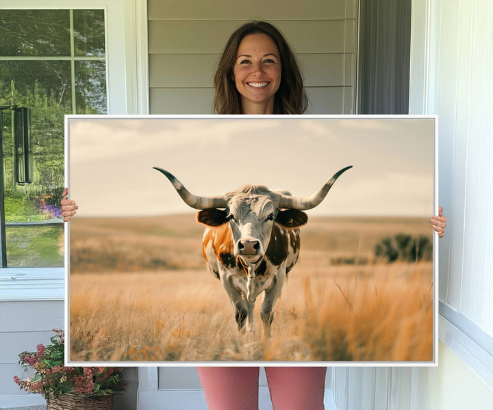 The Texas Cow Longhorn Wall Art Canvas adds rustic charm to the decor.