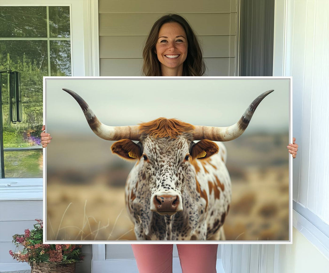 The Texas Cow Longhorn Canvas Print hangs, adding Western elegance.