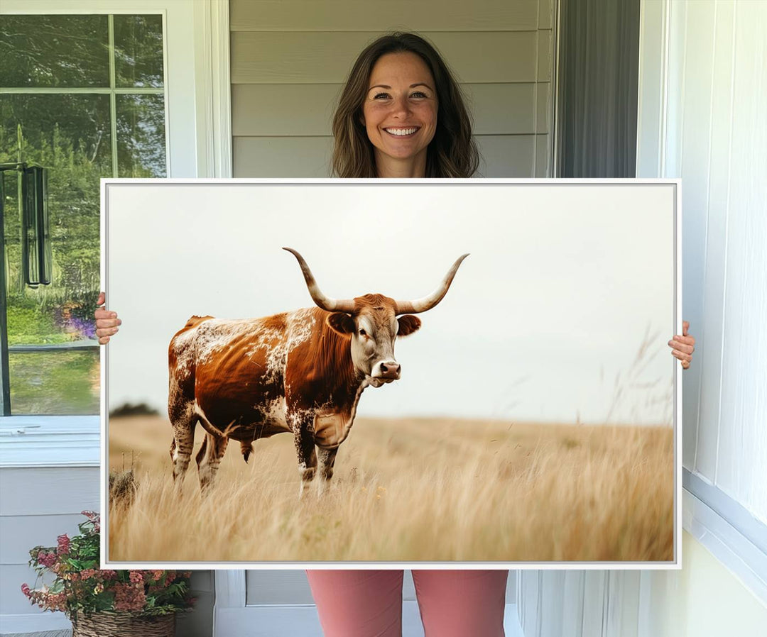 The Texas Longhorn canvas wall art print enhances a rustic farmhouse decor setting.