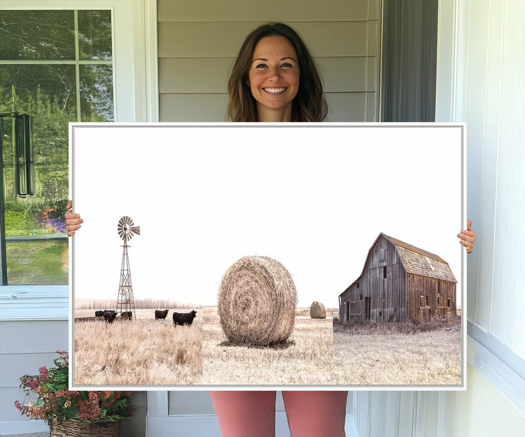 Above the couch, a Rustic Farmhouse Wall Art set depicts a barn and wheat field.