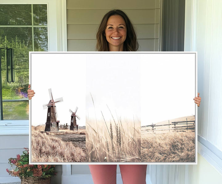 Farmhouse wall art set: 3 giclee canvas prints featuring windmills and wheat fields.