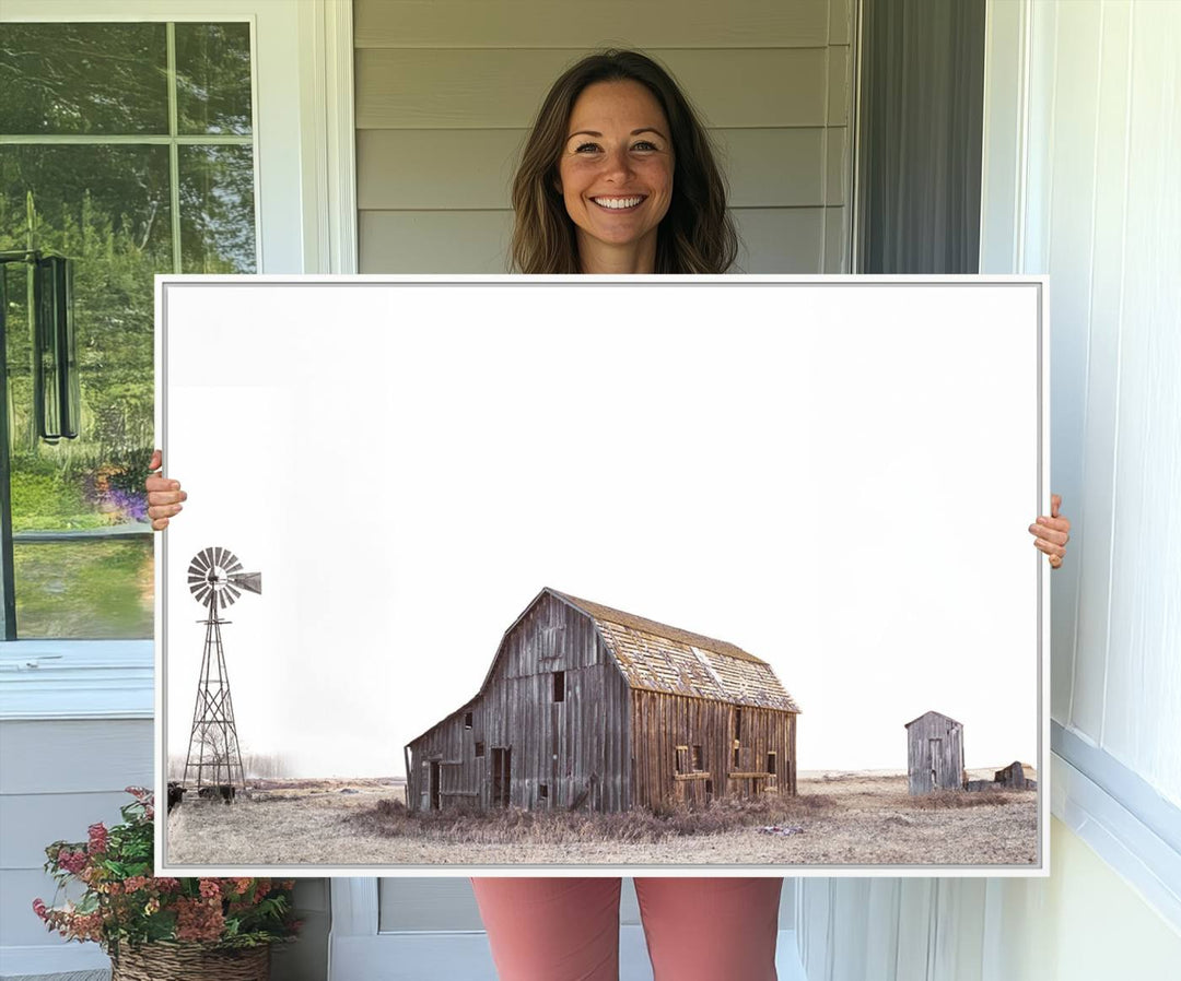 The Set of 3 Rustic Farmhouse Wall Art Prints features a barn, wheat field, and landscape.