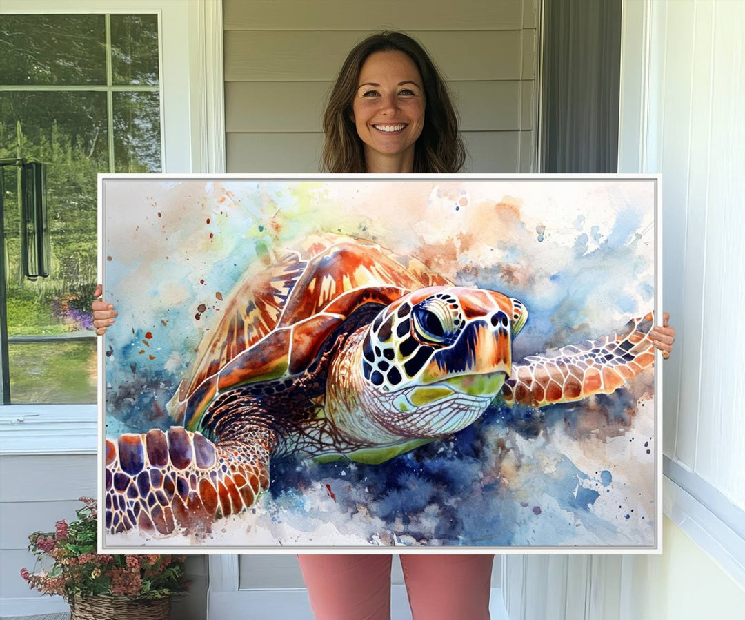 A Watercolor Sea Turtle Canvas Print with vibrant ocean colors adorns the wall.