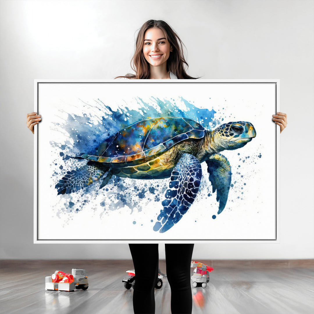 The Turtle Wall Art Print, featuring blue splashes, beautifully showcases Ocean Life.