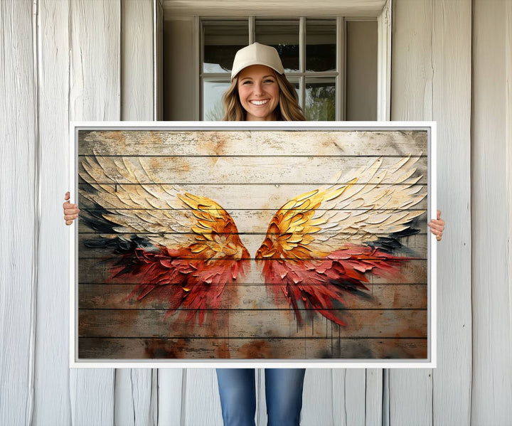 Abstract Angel Wings Canvas Art on a wooden backdrop.