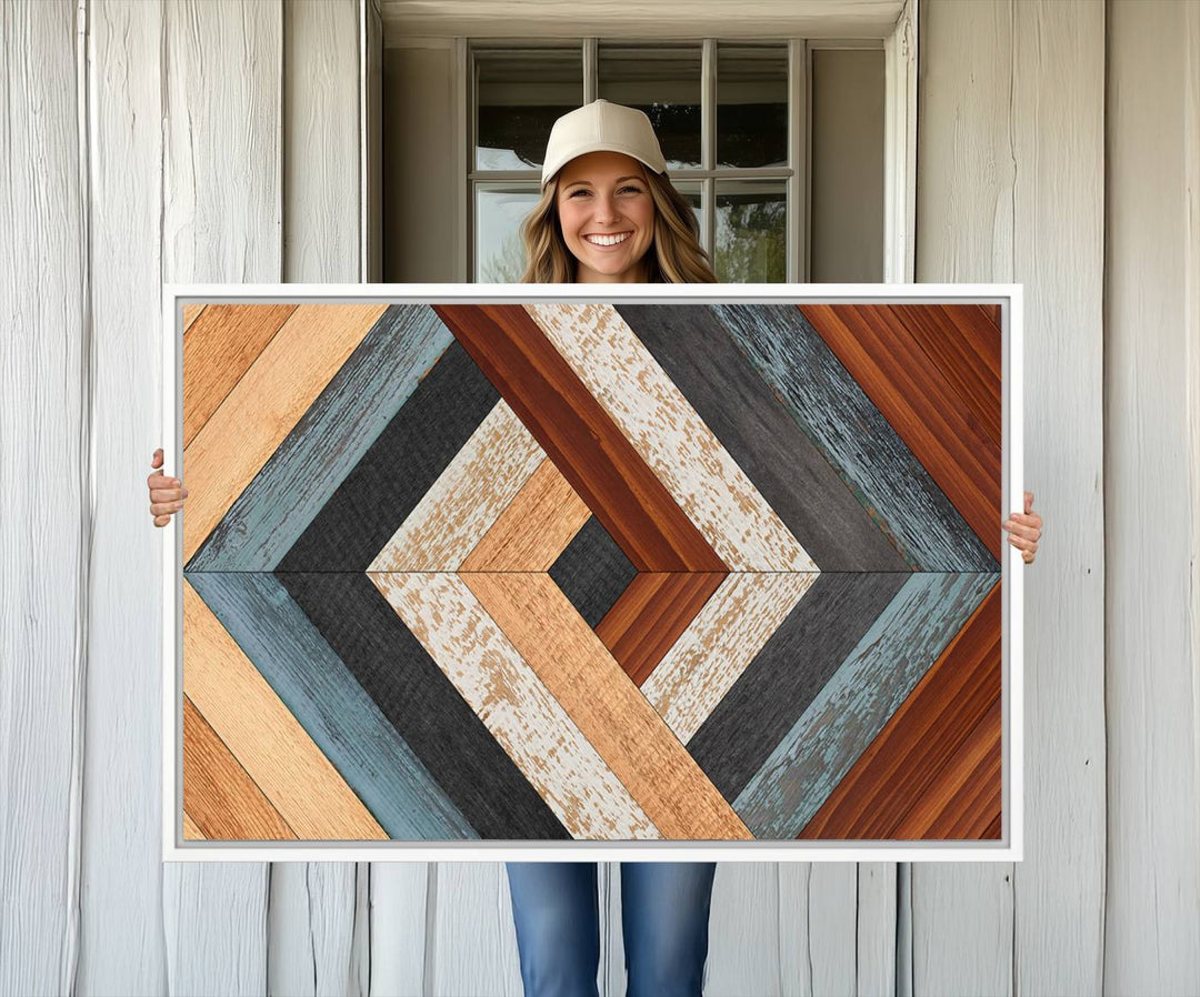 A Geometric Wood Art Wall Decor with a rustic pattern hangs prominently.