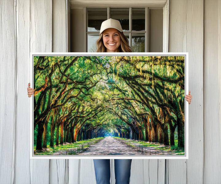 The Serene Tree Tunnel Canvas Print decorates the wall.